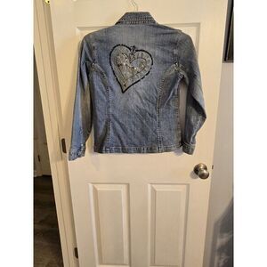 CHICO'S Platinum Embroidered Studded Heart Denim Jacket Siz 0 US Size Small 4